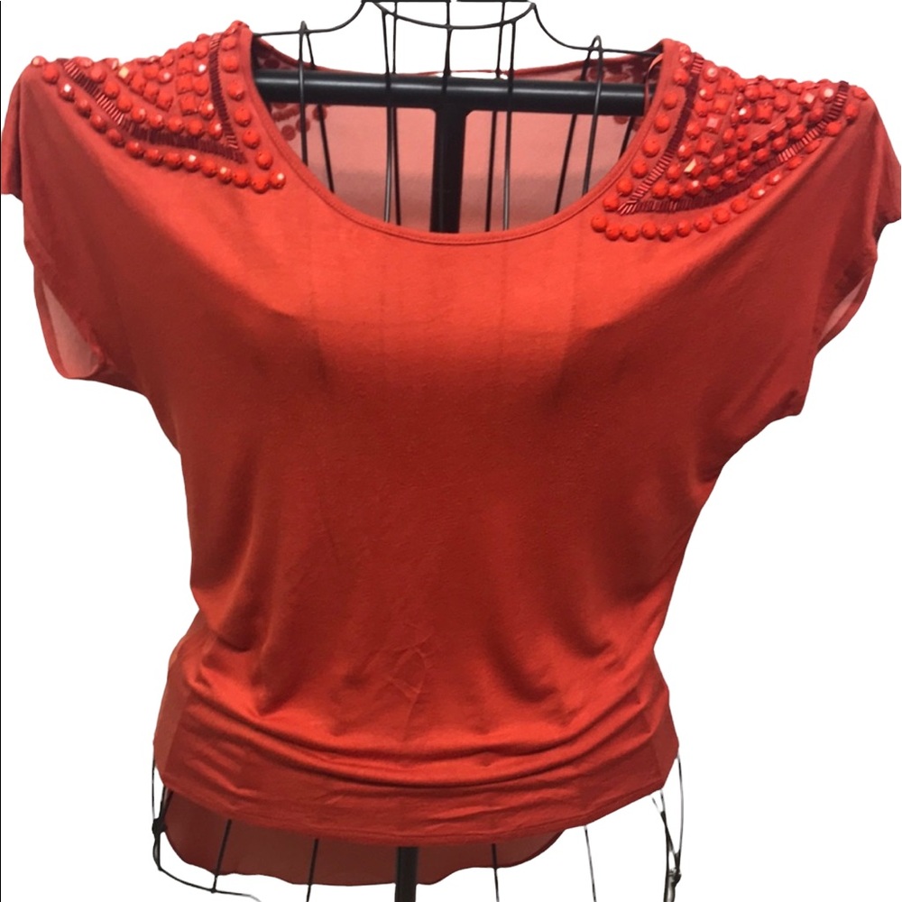 English Rose Beaded Shoulders Sheer Back Blouse